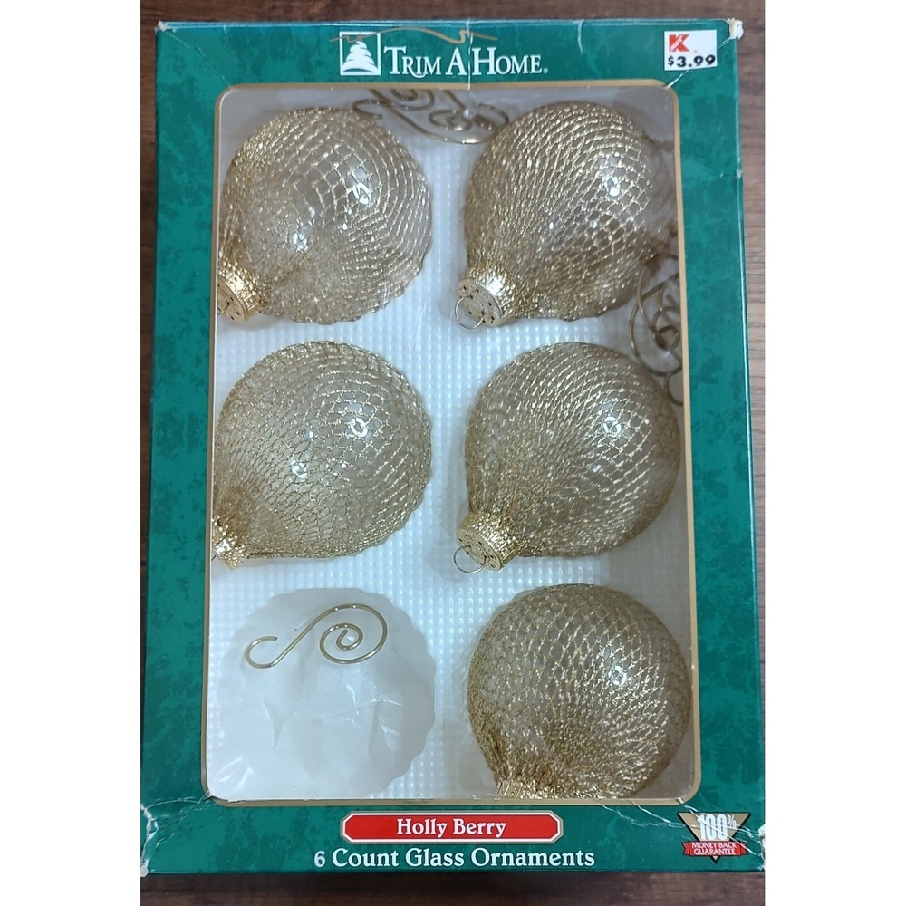 Vtg KMART Trim A Home 5  Piece Shiny Golden Mesh Glass Christmas Ornaments Box